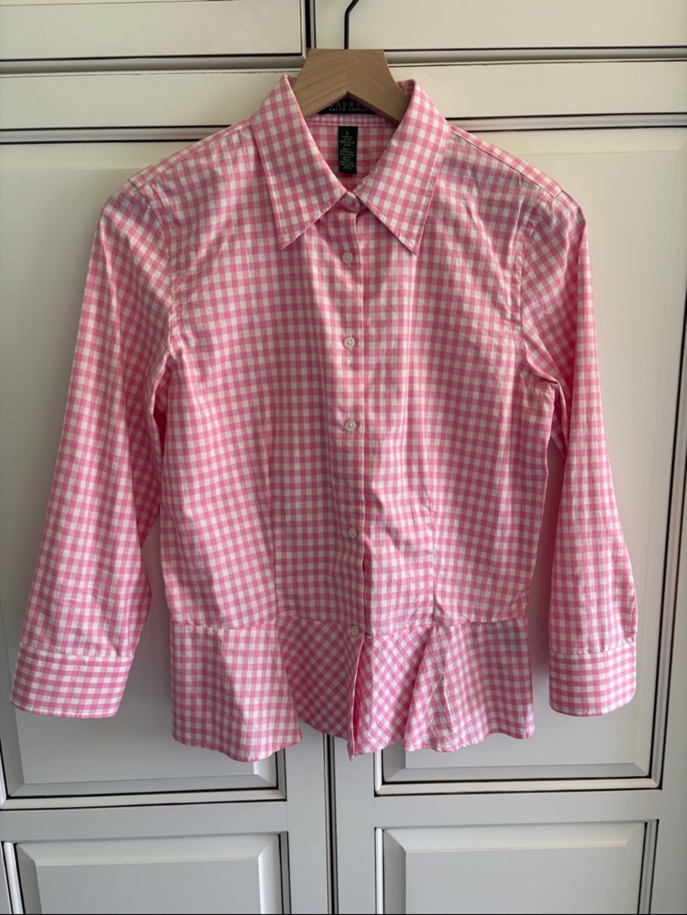 Vintage Ralph Lauren Peplum Gingham Check Pink White Preppy Cottage Top Womens 6 - Picture 2 of 12